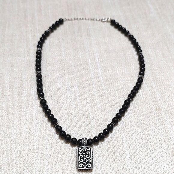 Black Bead and Silver Scroll Pendant Necklace 16" with 2" Extender - Picture 8 of 8